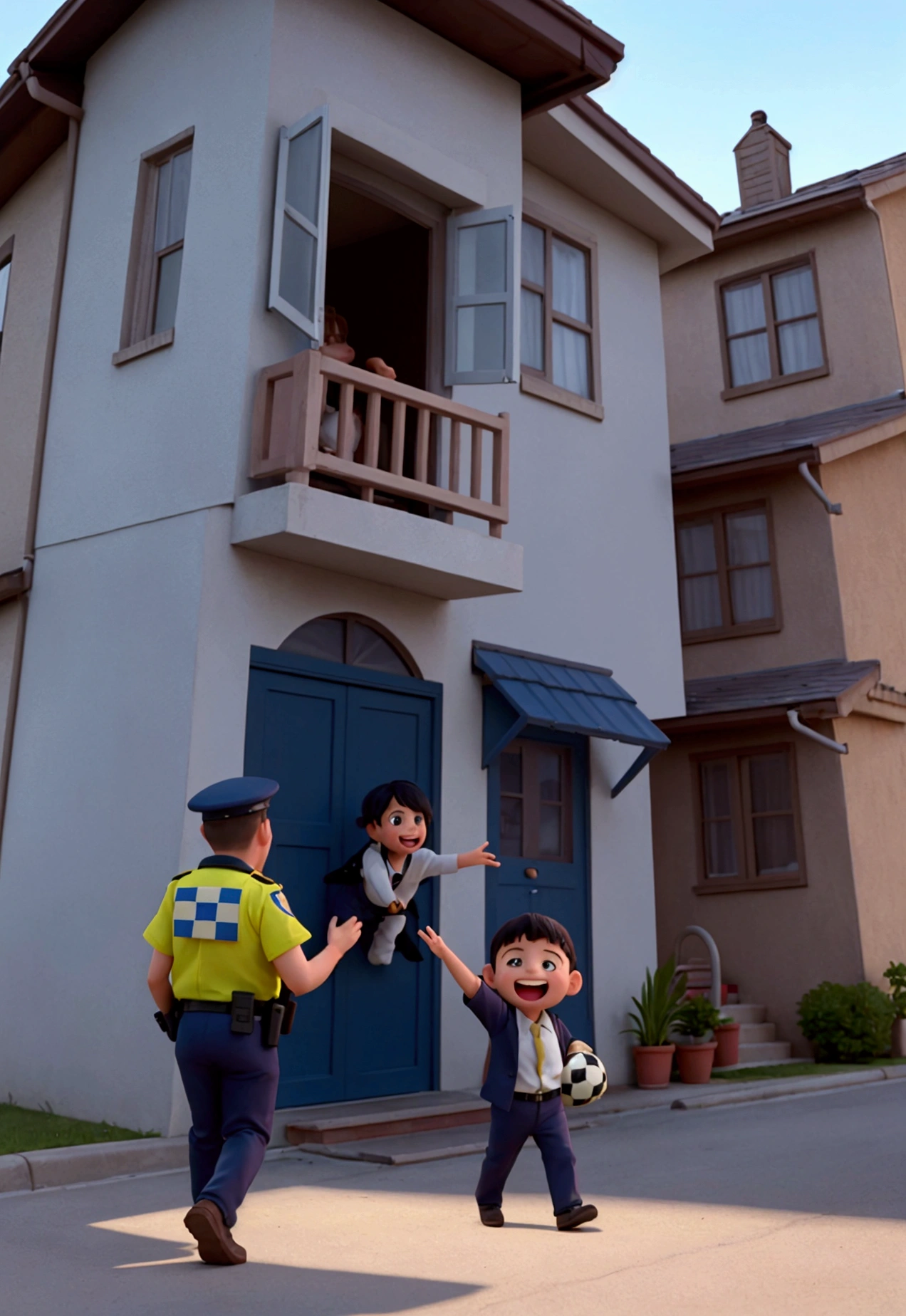 "A comical scene where a desperate  is being gently escorted by two friendly police officers. The child holds a soccer ball and the police officer on the left is pointing to a broken window of the house in the background, with the neighbor waving with a smile , kinda fun. The cops and the neighbor clearly find the situation funny, while the  seems scared thinking he is going to be arrested.