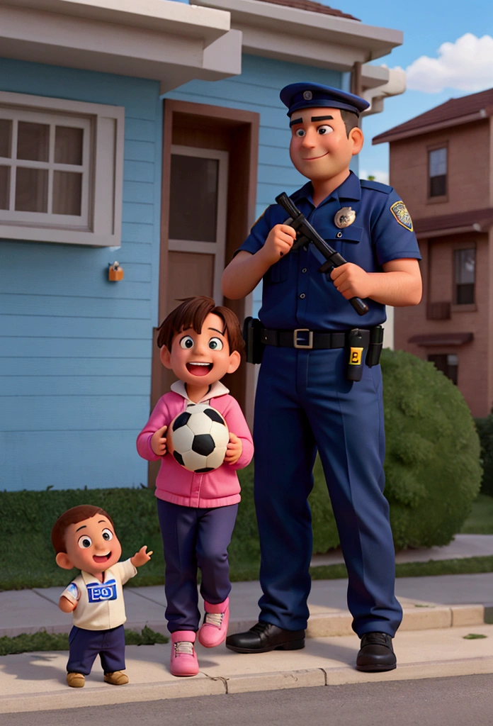 "A comical scene where a desperate child is being gently escorted by two friendly police officers. The child holds a soccer ball and the police officer on the left is pointing to a broken window of the house in the background, with the neighbor waving with a smile , kinda fun. The cops and the neighbor clearly find the situation funny, while the  seems scared thinking he is going to be arrested.