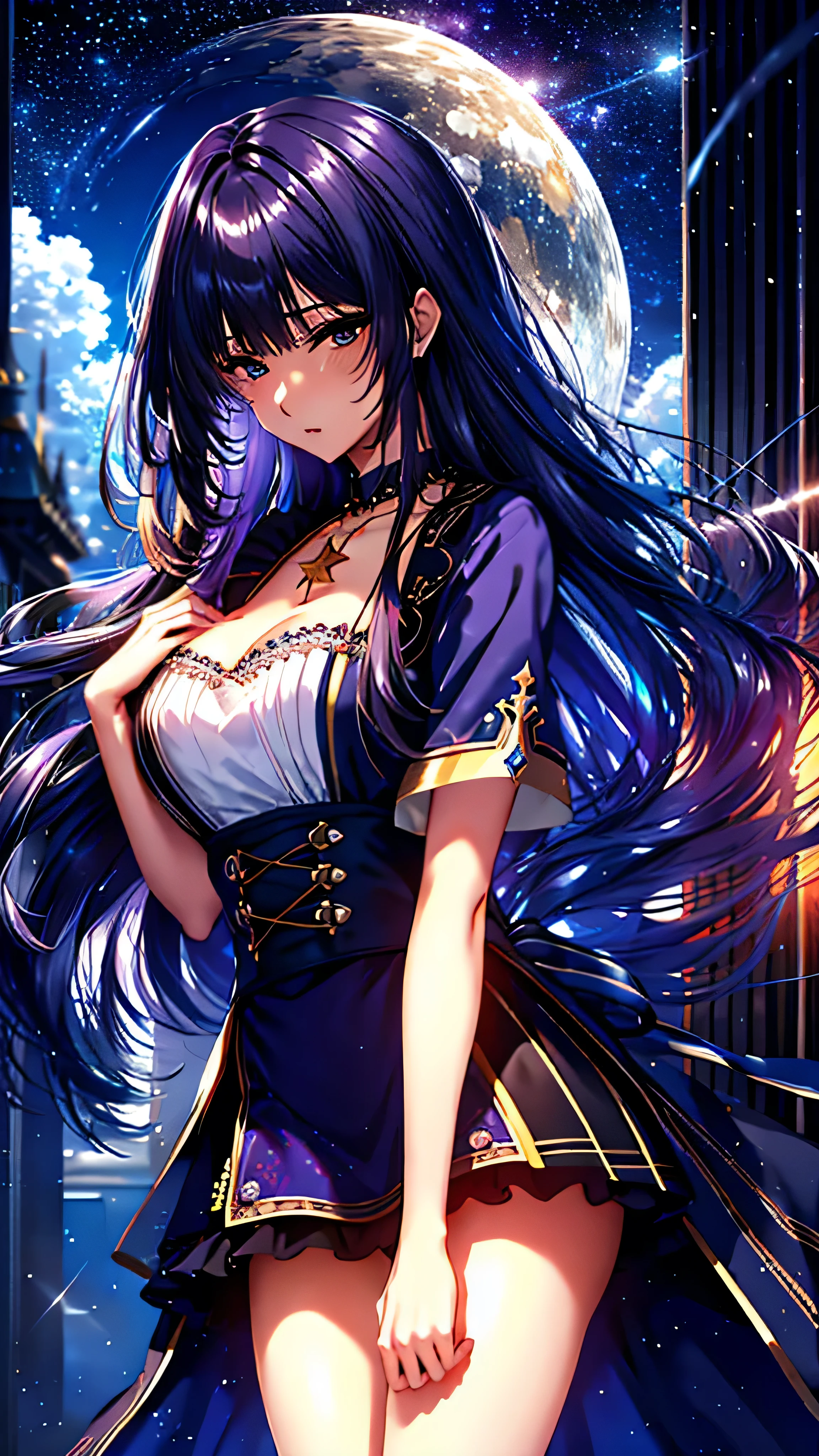 girl, Located on the corner, looking at the null, Lonely, Mona (Genshin Impact), necklace, Hair between the eyes, star (Symbolism), Long Hair, Dark purple hair, Double Tail, blue eyes, Shining Eyes, jewelry, witch, Maid, bangs, Purple black dress, Purple Skirt, White apron, landscape, night null, star (null), starry null, night, Outdoor, cloud, reflection, water, magic, Tarot Cards, water magic, ((beautiful golden crystal star)), null間, water droplets, splash, Octane Rendering

