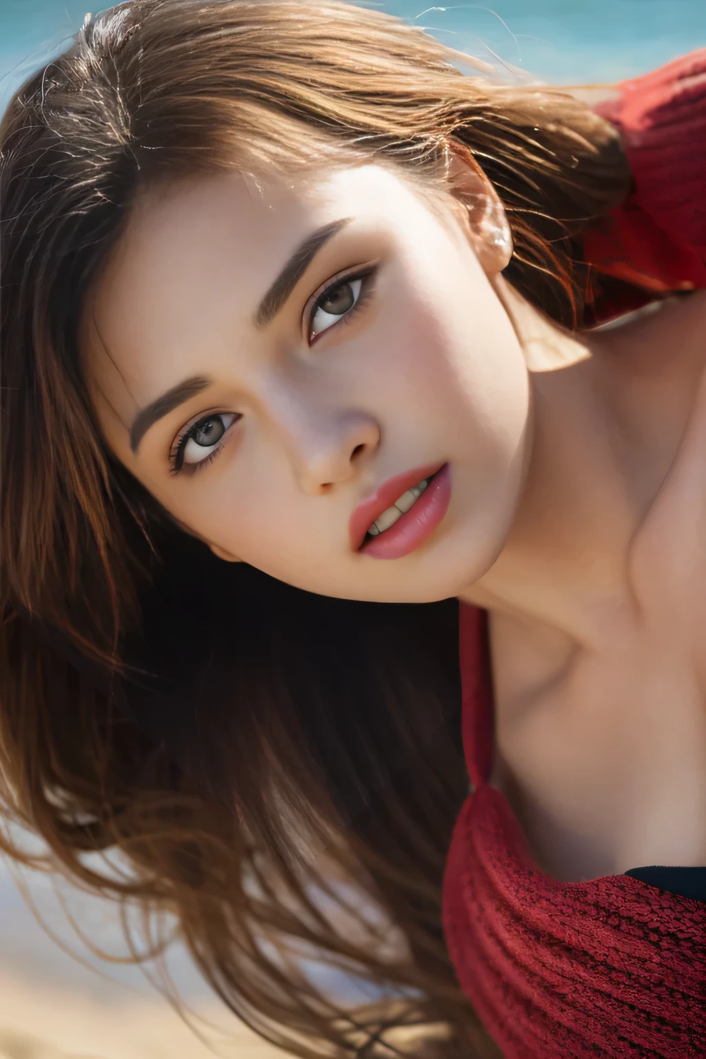 Tabletop, Highest quality, figure, Very detailed, In detail, High resolution, 8k wallpaper, Perfect dynamic composition, Beautiful attention to detail , Beach, Sexy Face,A face of ecstasy,The face at the peak of sexual arousal,Woman's face ,Beautiful feet,
