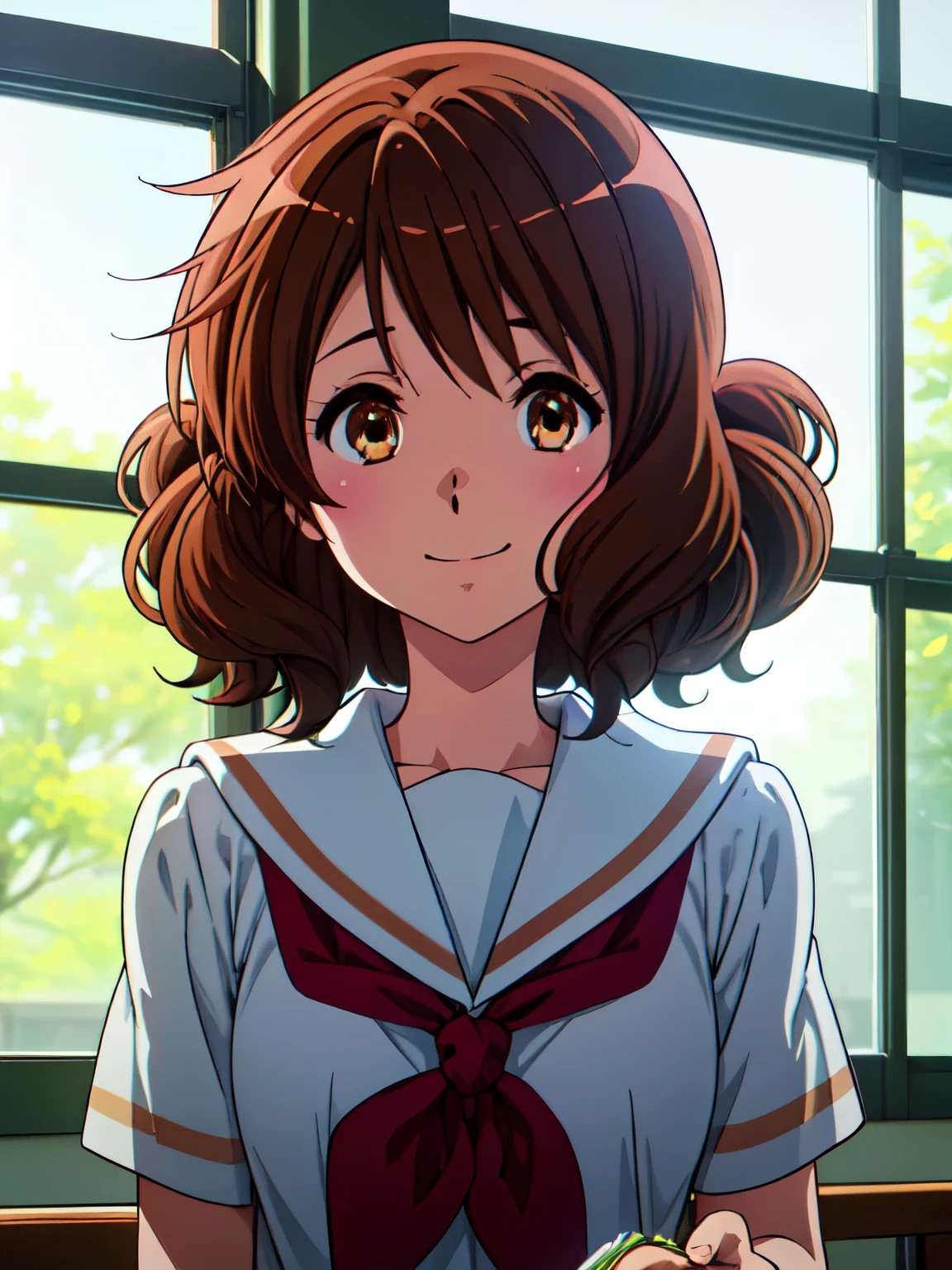 kumiko oumae, kumiko oumae, (Brown eyes:1.5), Brown Hair, short hair, Wavy Hair, Hot Face, blush, Sailor suit, , high school girl, Red ribbon, Downward, smile, very cute and beautiful girl,Teen,(Very detailedな美しい顔),
(Highest quality,masterpiece),Absurd,High resolution,Very detailedな,Very detailed,32K,8k resolution,  (Perfect hands, Perfect Anatomy),I'm smiling at you、