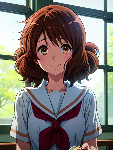 kumiko oumae, kumiko oumae, (brown eyes:1.5), brown hair, short hair, wavy hair, hot face, blush, sailor suit, , high school gir...