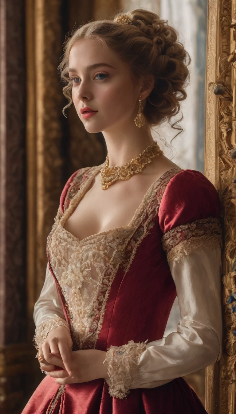 (best quality,4k,8k,highres,masterpiece:1.2),ultra-detailed,(realistic,photorealistic,photo-realistic:1.37),portrait,painting,pastels,personalized masterpiece,18th century,Russian,aristocratic,girl,noble daughter,14 years old,extremely beautiful,face,expressive eyes,delicate nose,luscious lips,porcelain skin,rosy cheeks,flowing curls,silky dress,stately posture,fine jewelry,embroidered lace collar,grand background,opulent interior,faint golden light,big breasts, detailed face, long eyelashes, red lipgloss, nlue eyes, half open mouth, 