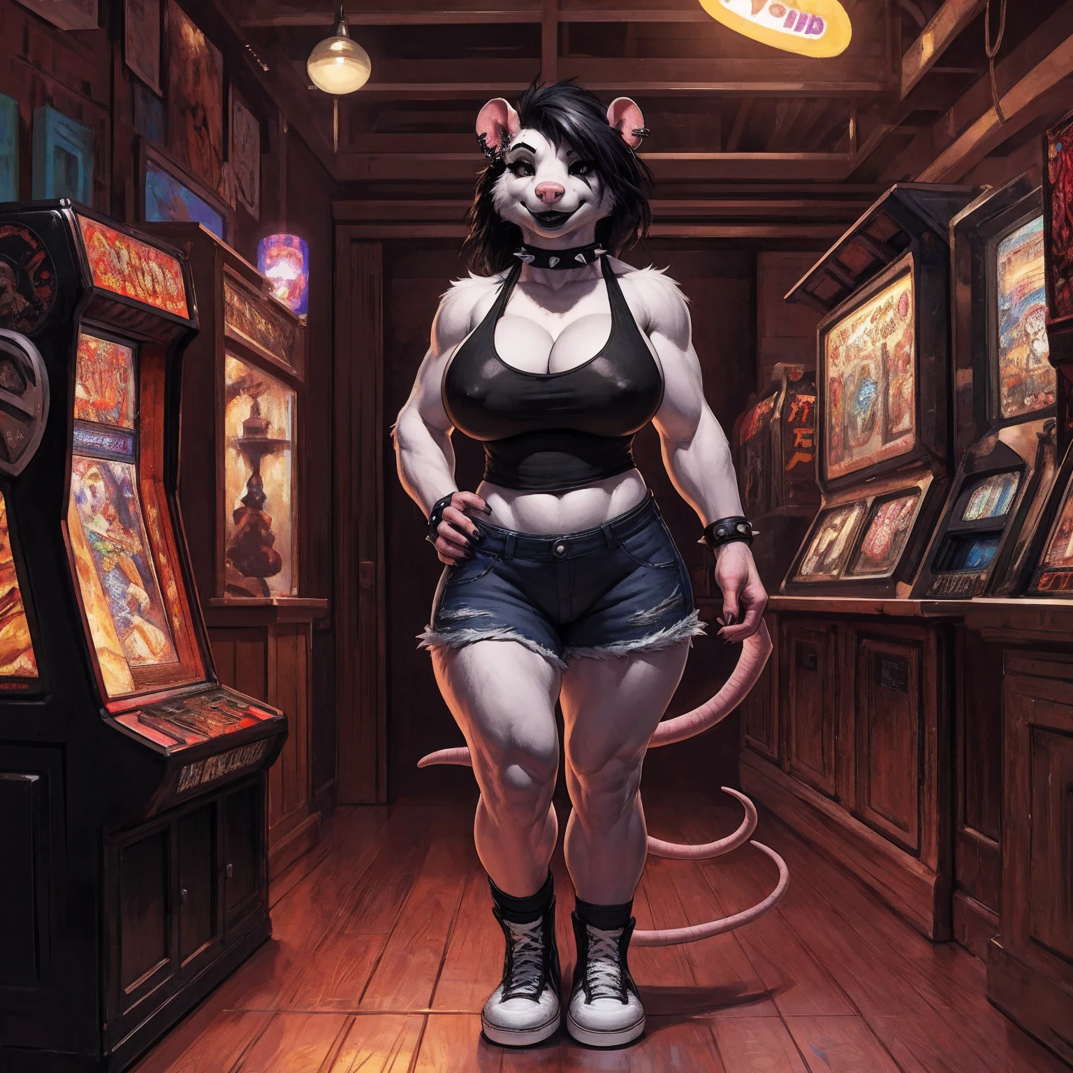 uploaded to e621.net, masterpiece, 8k, realistic textures, realistic lighting, highly detailed, by darkgem, by meesh, female, opossum, white fur, young, 1girl, solo, standing, slim, bare midriff, (large breasts), nipple outline, highly detailed eyes, black hair, goth style, retro arcade, indoors, spiked collar, eyebrow piercing, ear piercings, black eyeliner, black mascara, thick eyelashes, (big bottom lip), black lip gloss, pink nose, standing upright, smiling, leather wrist strap, tank top, cleavage, denim cutoffs, wide hips, thick thighs, (converse sneakers), (full body:1.3)