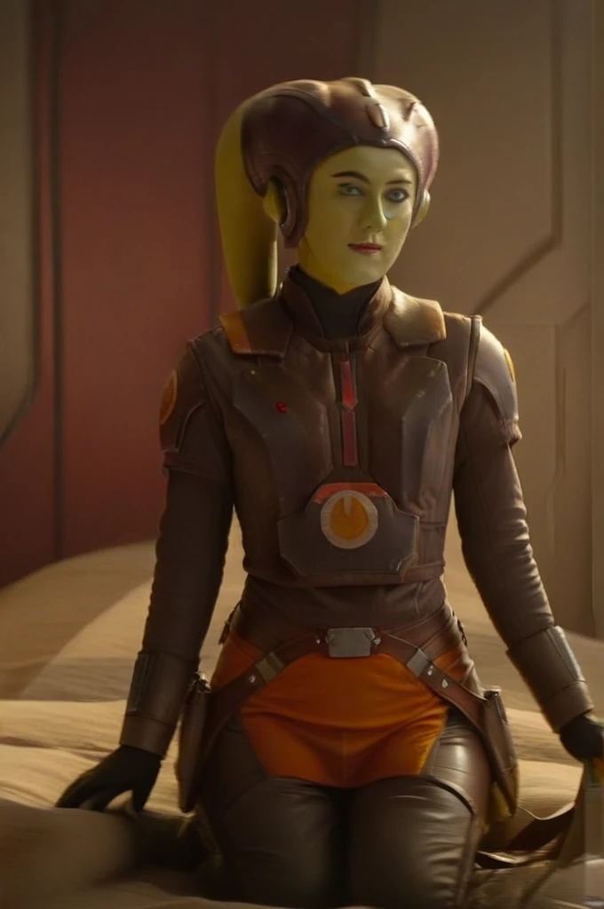 cinematic film still star wars hera syndulla sigh at tequila wolf score_9, score_8_up, score_7_up, score_6_up, score_5_up, score_4_up, ((( hera syndulla ))) wearing latex seductive lingerie, blue eyes, tentacle hair, ((( hera syndulla ))) , green skin, colored skin, facial mark, medium breasts, ((black with red trim flame dress skirt)), no pants, bare shoulders, guantlets, hip armor, skirt, pants, brown boots, solo, seductively lying on bed in her lingerie, nude ,seductive smile, looking at viewer, indoors