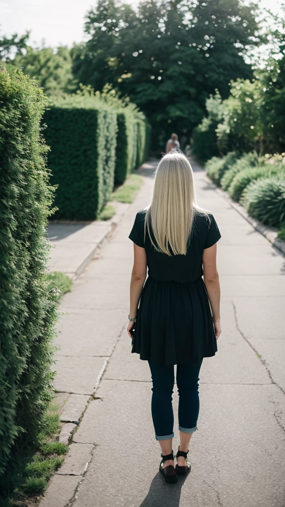 young blonde mganfic woman aged 24, photographie, dressed completely in normal street clothes, seen from behind, sans son visage