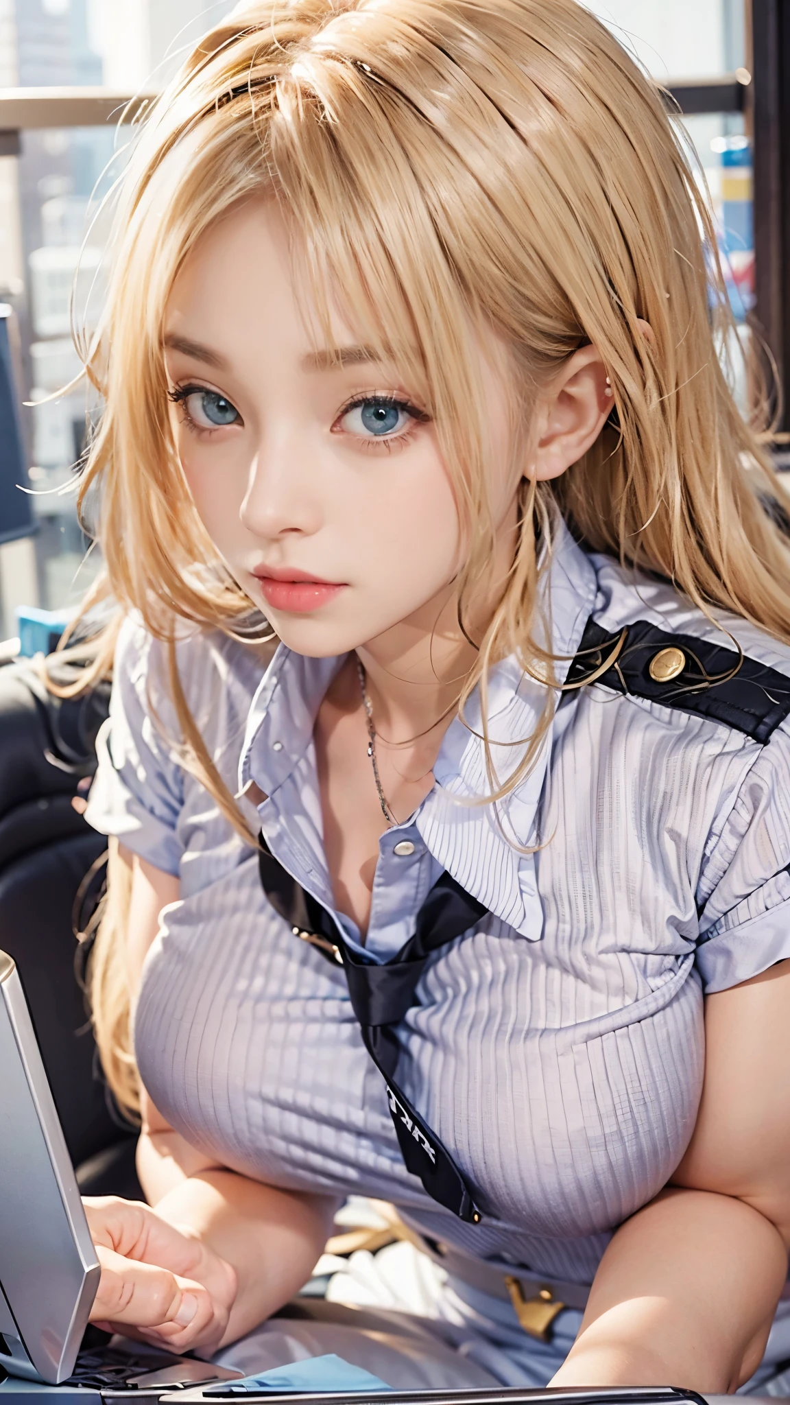 Extremely realistic and detailed image quality、A beautiful female security guard seduces with her uniform open、Blonde hair tied back、Bust 110cm、M cup super busty、Saggy super big breasts、Nipples protruding from the chest of her uniform、The shape of the nipples stands out clearly、Tight waist、Security guard uniform、Security room in a modern office building、She is sitting on a chair and looking at me seductively.、Adult sexy woman、Sexy pose、Sexy look