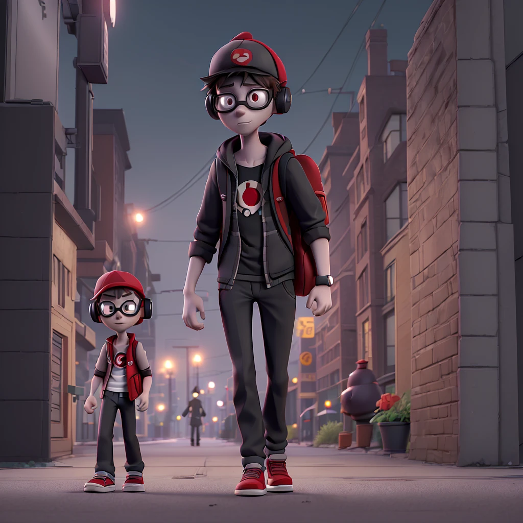 a scene where a mysterious figure (like a shadow) chase another character (young guy, WITH BLACK LENSES, Red Hat, large headphones, carrying a backpack, with a scared face) on the empty street at night.