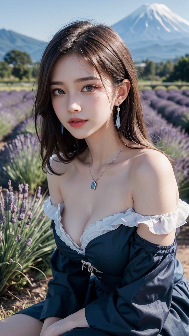 (masterpiece:1.3), 16k, high resolution, Very fine details, masterworks,(photorealistic, RAW photo, best quality:1.4), authentic texture, Texture of skin and clothing, light makeup, red lips, brown hair, beautiful hair, (medium hair:1.3),elegant, Very fine details, authentic texture, cinematic lighting realism, perfect work, exquisite features, (Detailed brown iris and black pupil),(Ultra-high resolution eye:1.1), Japanese idol, beautiful face, (gentle smile like a goddess), attractive, well-shaped breasts, beautiful cleavage, shiny skin, (dark blue off shoulder dirndl dress:1.3), (Traditional German Costume), break, bright big eyes, smooth skin, (Heart shaped necklace),(Triangle ornament earrings),BREAK, (gentle smile like a goddess), sitting position, (lavender fields with Mt. Fuji in the background), (in Lavender Fields), (Lavender fields all around), shoot from below, (ground level shot), upper body,