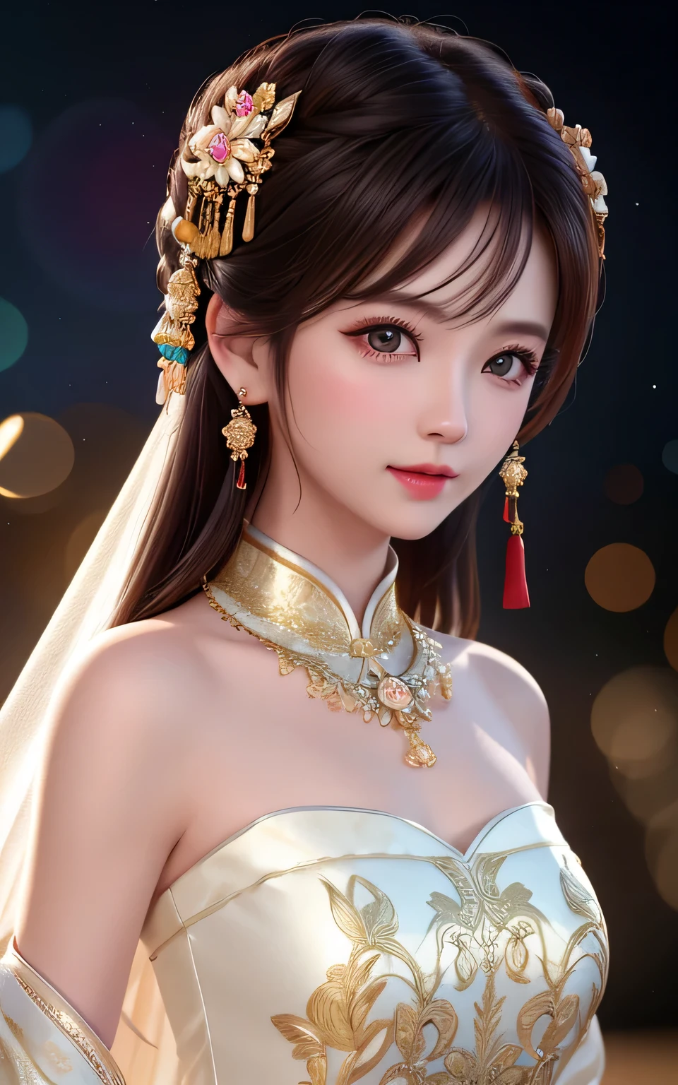 best quality, masterpiece, highres, 1girl,china wedding dress,hair ornament,necklace, jewelry,Beautiful face,upon_body, tyndall effect,photorealistic, dark studio, rim lighting, two tone lighting,(high detailed skin:1.2), 8k uhd, dslr, soft lighting, high quality, volumetric lighting, candid, Photograph, high resolution, 4k, 8k, Bokeh