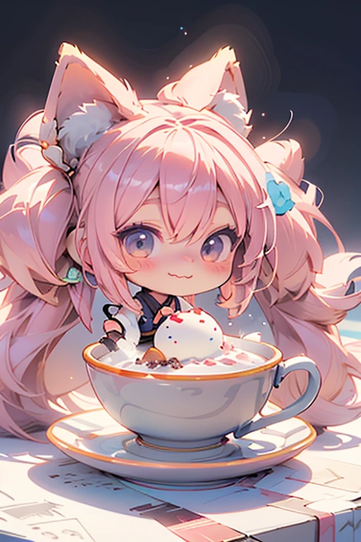 Design an adorable scene featuring a chibi anime girl happy. The artwork focuses solely on the character ych, make the girl small and the dessert bigger than her, she needs to be full body, without a detailed background.
