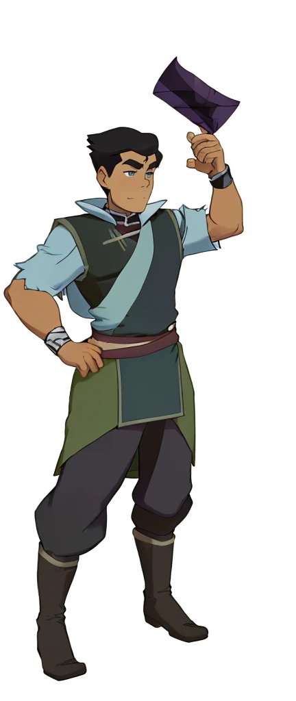 African-American, Bolin, water tribe traditional clothing mixed of blue and purple, with fur in shoulders and neck. Long sleeve, skinny, water tribe outfit. A dark blue or black high-collared sleeveless robe or tunic
A purple tabard or overtunic with lighter purple trim
A white fur-trimmed cape or cloak over the shoulders, fastened with a metal clasp
Black pants or leggings
Black boots that come up to just below the knee
A dark wristband or bracelet on one wrist
The character has dark skin, short black hair, and a serious expression. The outfit appears to be a mix of formal and practical styles, possibly indicating a character of some authority or importance in an animated series or film. The color scheme is primarily dark blues, purples, and black, with the white fur trim providing contrast.