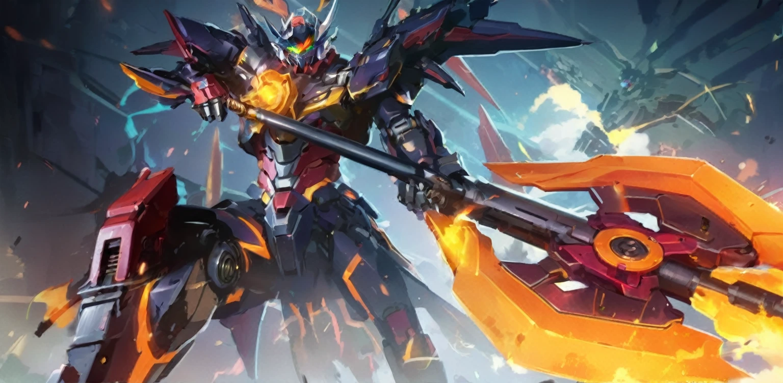 a close up of a robot with a large sword in his hand, mobile suit, mobile legends, cool mecha style, mobile wallpaper, gurren lagan, dragon knight, by Lisa Nankivil, official splash art, pterodactyl mecha, glaive, style of ssss.gridman (2018), mecha warrior