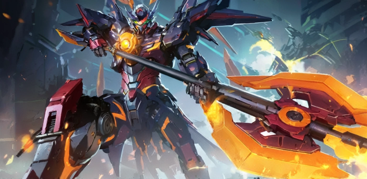 a close up of a robot with a large sword in his hand, mobile suit, mobile legends, cool mecha style, mobile wallpaper, gurren lagan, dragon knight, by Lisa Nankivil, official splash art, pterodactyl mecha, glaive, style of ssss.gridman (2018), mecha warrior