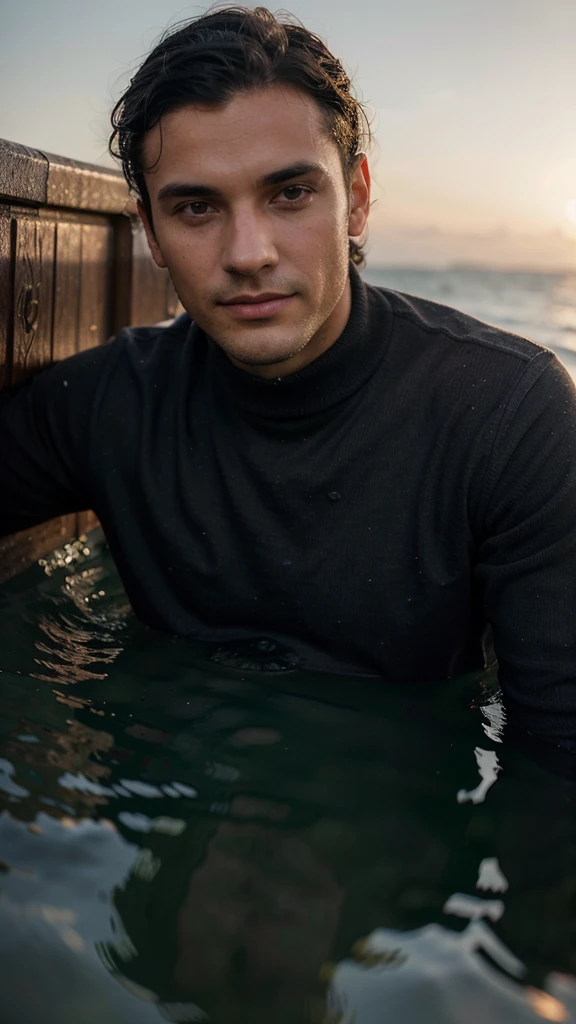 dark black hair england man, active posing in the sea, brown eyes, wearing, long distance shot, smirk, detailed