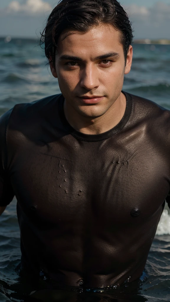dark black hair england man, active posing in the sea, brown eyes, wearing, long distance shot, smirk, detailed