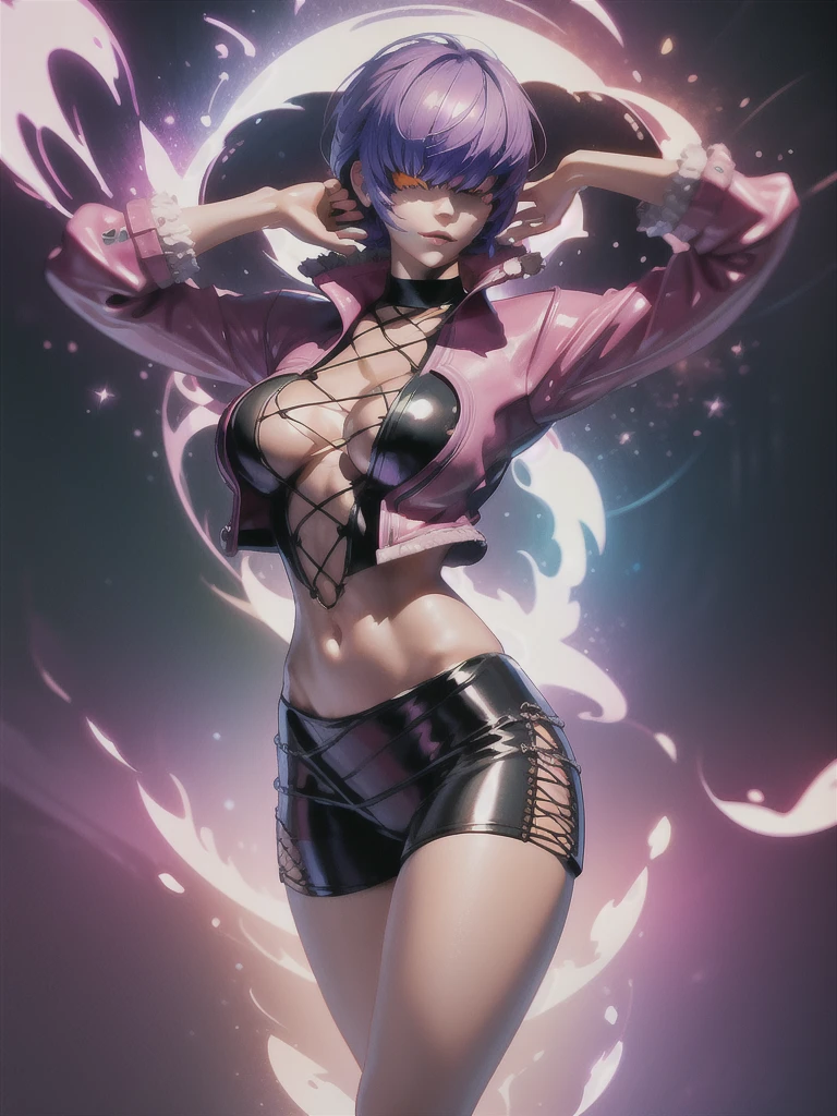 (night), in a video game scene with a neon background and a neon light, Standing at attention, pink suit, pink jacket, choker, neckline, clothing cut, earrings, purple hair, eyes completely covered by hair bangs ((hair over eyes)), 1 girl, 20 years old, Young woman, Beautiful finger, Beautiful long legs, Beautiful body, Beautiful nose, Beautiful character design, perfect face, looking at viewer (focusing on his face), mouth closed, Light_Smile, official art, extremely detailed CG unity 8k wallpaper, perfect lighting, colorful, bright front lighting, shiny skin, (masterpiece: 1.0), (best_quality: 1.0), ultra-high resolution, 4K, ultra-detailed, photography, 8K, HDR, high resolution, absurdities:1.2, Kodak portra 400, film grain, blurred background, bokeh:1.2, lens flare, (vibrant_color:1.2), professional photography, (Beautiful, breasts: 1.4), (beautiful_face: 1.5), (narrow_waist),
