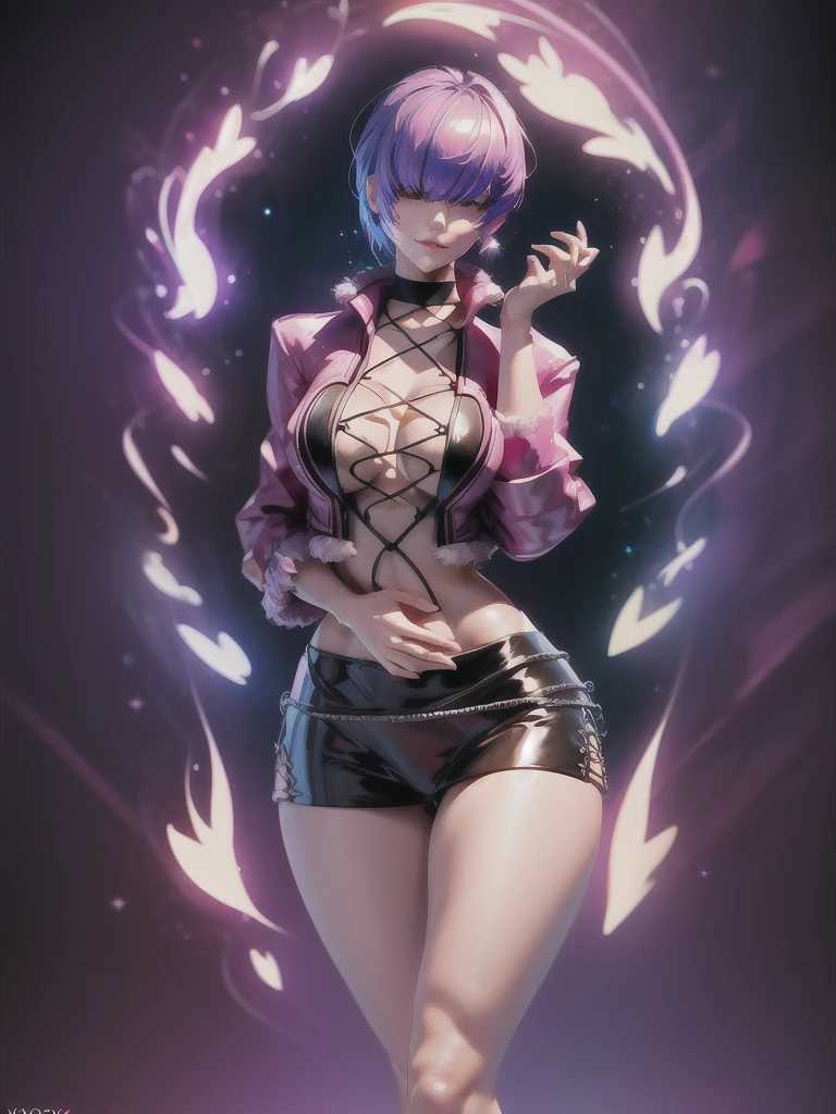 (night), in a video game scene with a neon background and a neon light, Standing at attention, pink suit, pink jacket, choker, neckline, clothing cut, earrings, purple hair, eyes completely covered by hair bangs ((hair over eyes)), 1 girl, 20 years old, Young woman, Beautiful finger, Beautiful long legs, Beautiful body, Beautiful nose, Beautiful character design, perfect face, looking at viewer (focusing on his face), mouth closed, Light_Smile, official art, extremely detailed CG unity 8k wallpaper, perfect lighting, colorful, bright front lighting, shiny skin, (masterpiece: 1.0), (best_quality: 1.0), ultra-high resolution, 4K, ultra-detailed, photography, 8K, HDR, high resolution, absurdities:1.2, Kodak portra 400, film grain, blurred background, bokeh:1.2, lens flare, (vibrant_color:1.2), professional photography, (Beautiful, breasts: 1.4), (beautiful_face: 1.5), (narrow_waist),
