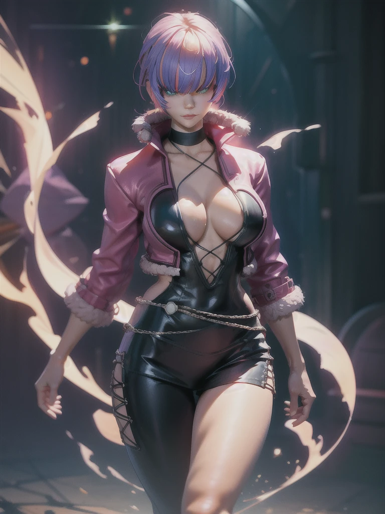 (night), in a video game scene with a neon background and a neon light, Standing at attention, pink suit, pink jacket, choker, neckline, clothing cut, earrings, purple hair, eyes completely covered by hair bangs ((hair over eyes)), 1 girl, 20 years old, Young woman, Beautiful finger, Beautiful long legs, Beautiful body, Beautiful nose, Beautiful character design, perfect face, looking at viewer (focusing on his face), mouth closed, Light_Smile, official art, extremely detailed CG unity 8k wallpaper, perfect lighting, colorful, bright front lighting, shiny skin, (masterpiece: 1.0), (best_quality: 1.0), ultra-high resolution, 4K, ultra-detailed, photography, 8K, HDR, high resolution, absurdities:1.2, Kodak portra 400, film grain, blurred background, bokeh:1.2, lens flare, (vibrant_color:1.2), professional photography, (Beautiful, breasts: 1.4), (beautiful_face: 1.5), (narrow_waist),
