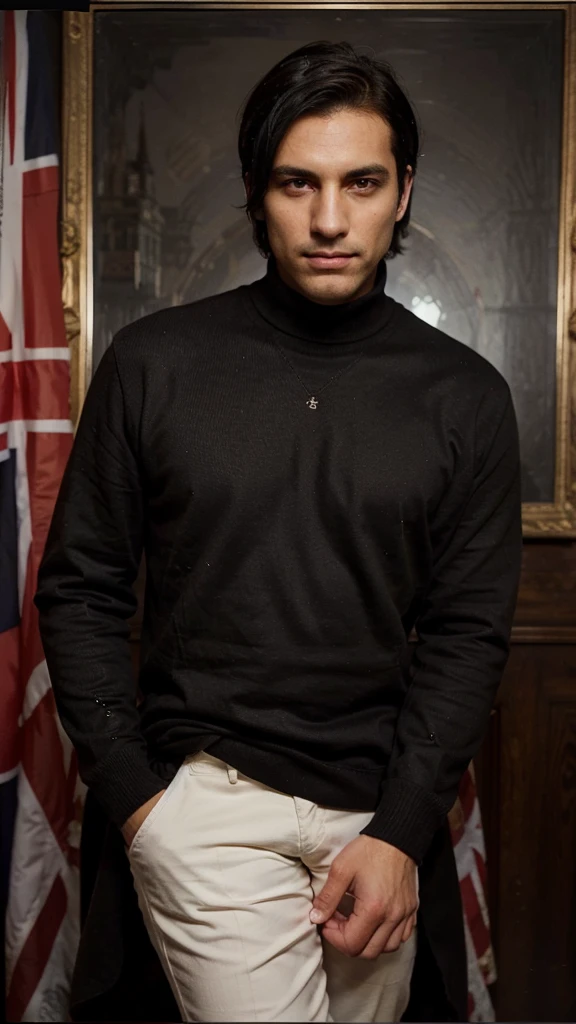 dark black hair england man, painting, brown eyes, wearing, long distance shot, smirk, detailed