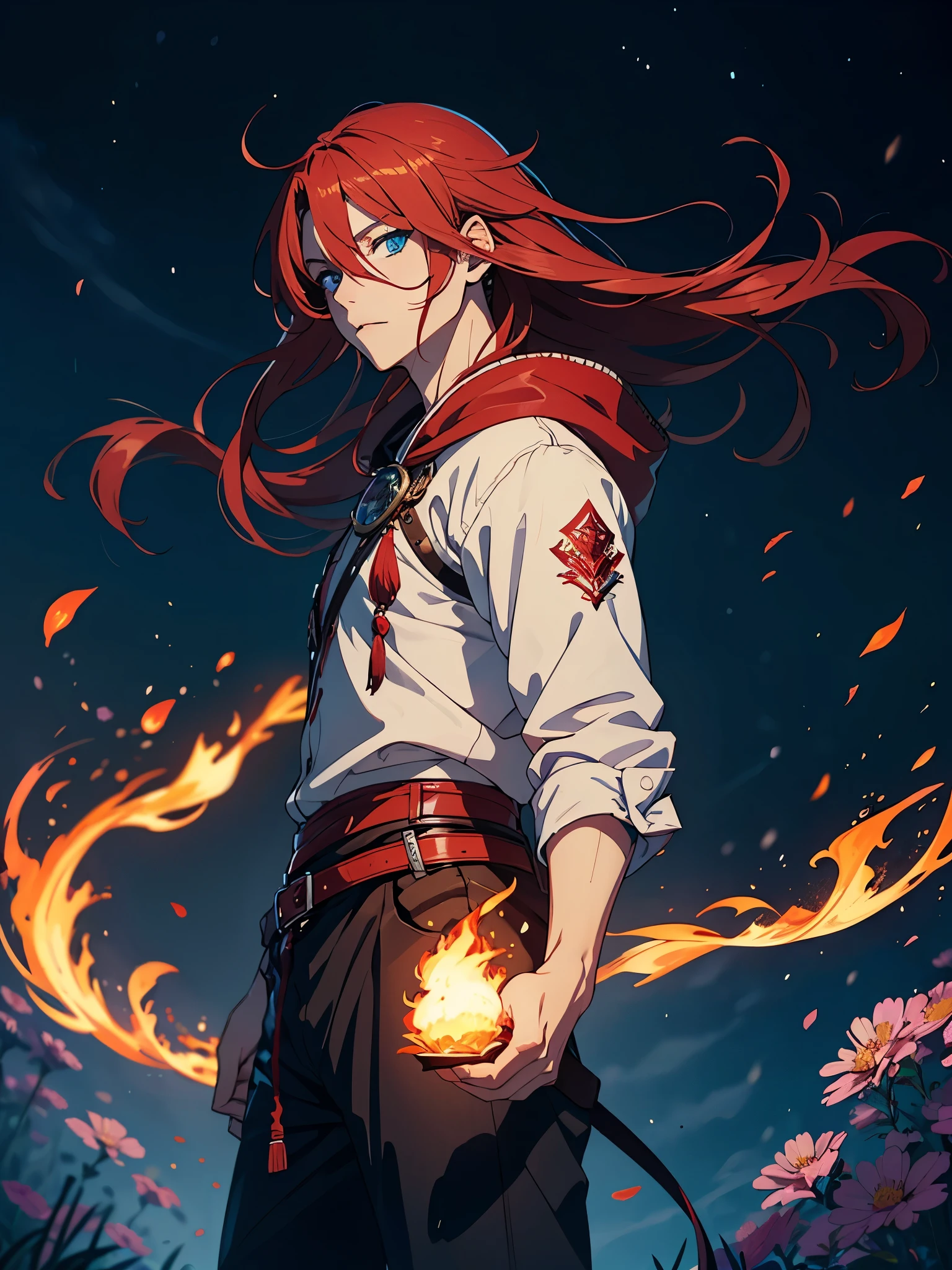 Blaue flammen. With flowers. With mohnblume. More anime. 2d. Glow. Red hair. More anime. male. Long hair. long red hair. boy, vikings. red hair. blue eyes. 火.