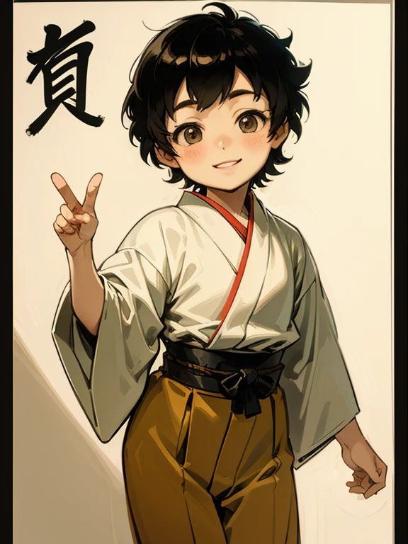 a 7  japanese boy, short hair, cute smiling face, traditional japanese outfit