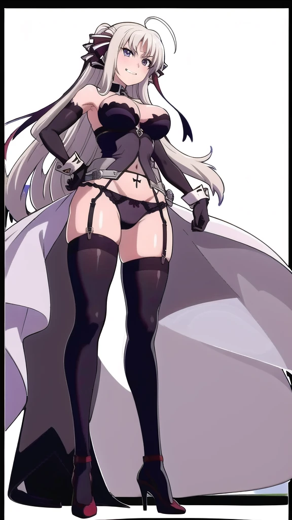 prison, ((from below)), ((full body)), femdom, dominatrix, foot focus, ((looking at viewer)), female standing, evil grin, ((bare shoulders)), ((black bustier)), ((black stockings)), ((black g-string)), ((black high heels)), ((black garter belt)), ((black elbow gloves)), 独奏,
One girl, Long Hair, Purple eyes, chest, Ahoge, very Long Hair, large breasts, ribbon, hair ribbon, ponytail, bangs,