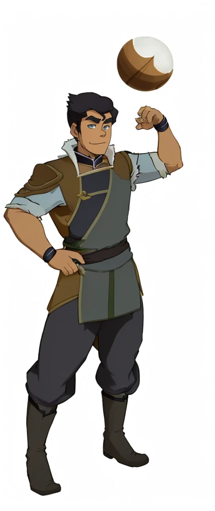 African-American, Bolin, water tribe traditional clothing mixed of blue and purple, with fur in shoulders and neck. Long sleeve, skinny, water tribe outfit. A dark blue or black high-collared sleeveless robe or tunic
A purple tabard or overtunic with lighter purple trim
A white fur-trimmed cape or cloak over the shoulders, fastened with a metal clasp
Black pants or leggings
Black boots that come up to just below the knee
A dark wristband or bracelet on one wrist
The character has dark skin, short black hair, and a serious expression. The outfit appears to be a mix of formal and practical styles, possibly indicating a character of some authority or importance in an animated series or film. The color scheme is primarily dark blues, purples, and black, with the white fur trim providing contrast.