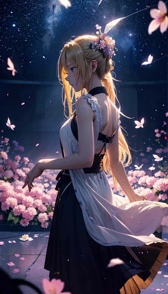 1people々々々々々々,Blonde long-haired woman,Dress Silhouette,Dancing silhouette,dance, Rear View,Space Sky, Flower Field,Colorful flowers,Fluttering petals,