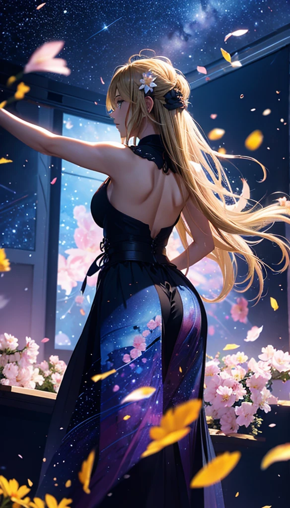 1people々々々々々々,Blonde long-haired woman,Dress Silhouette,Dancing silhouette,dance, Rear View,Space Sky, Flower Field,Colorful flowers,Fluttering petals,