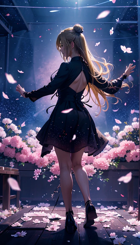 １people々々々々々々,Blonde long-haired woman，Dress Silhouette，Dancing silhouette，dance， Rear View，Space Sky, Flower Field，Colorful flowers，Fluttering petals，