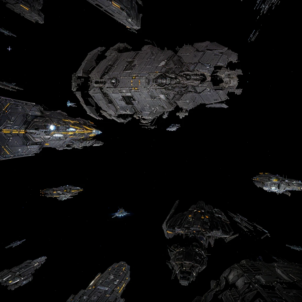 spaceships and ships in a space with a black background, wide shot of a spaceship battle, spaceship in space in ruins, asteroids realistic cinematic, ominous space battle background, landing in epic space battle, looking at spaceships at dock, cargo spaceships, sci - fi spaceship in combat, detailed crash space ship, orbiting space ships, spaceships flying in background