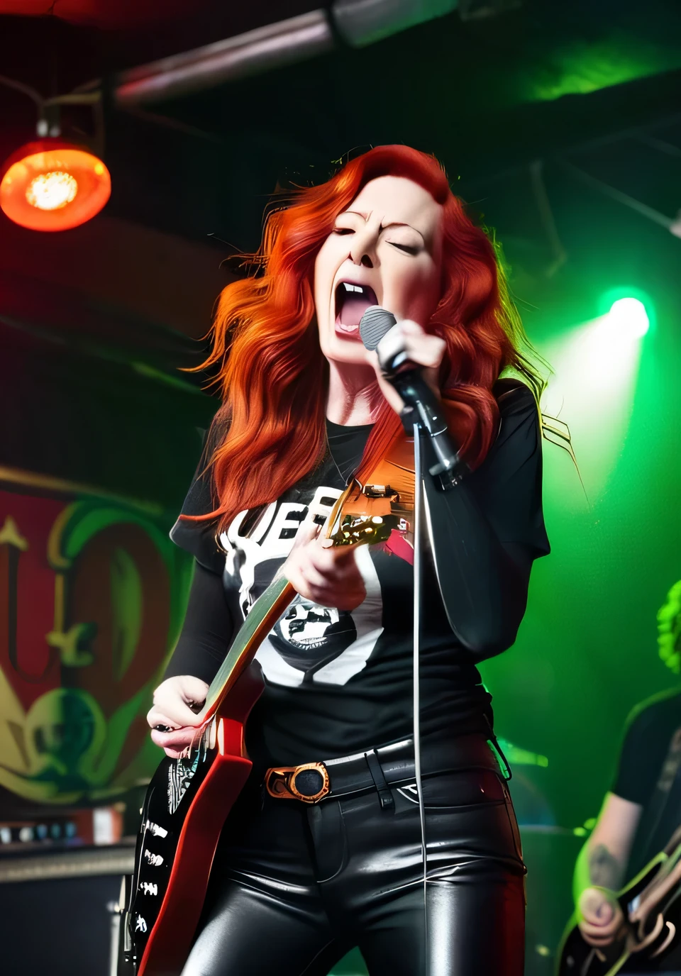 Pale skinned slender mature white woman very flat chested long wavy bright red hair wearing black leather pants and tee-shirt with queen of spades logo on it, playing electric guitar and screaming in a microphone on stage in a dive bar