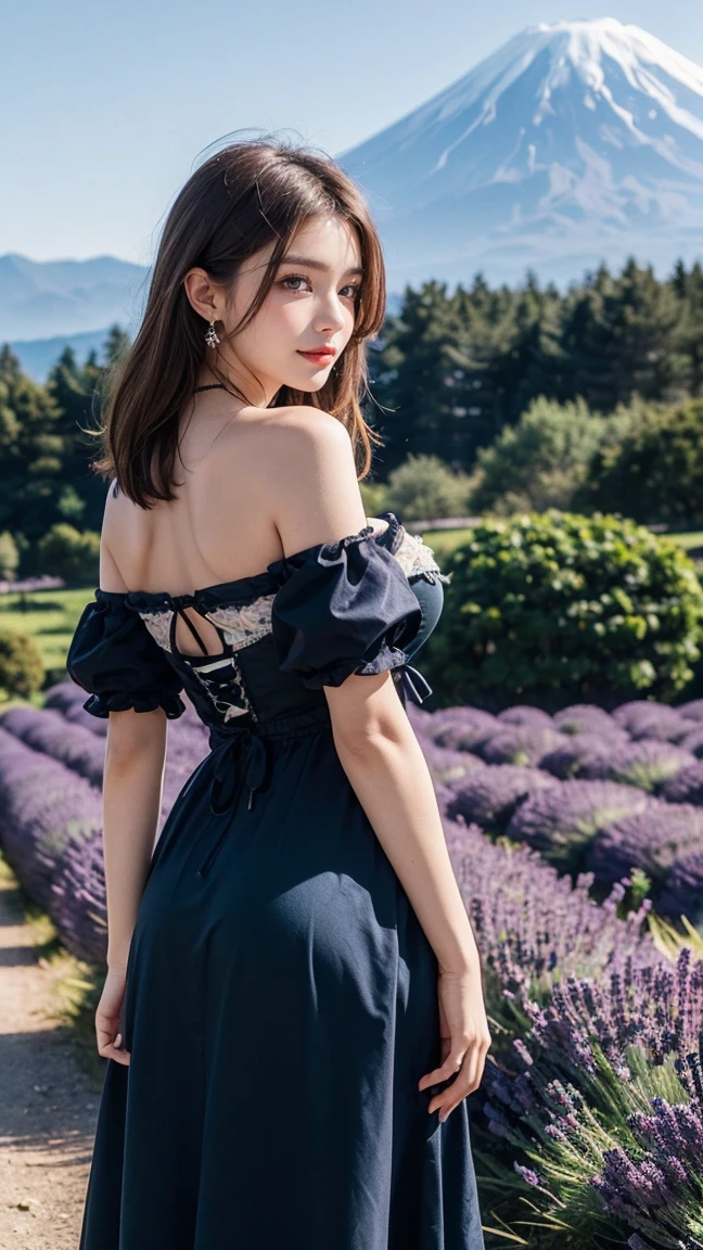 (masterpiece:1.3), 16k, high resolution, Very fine details, masterworks,(photorealistic, RAW photo, best quality:1.4), authentic texture, Texture of skin and clothing, light makeup, red lips, brown hair, beautiful hair, (medium hair:1.3),elegant, Very fine details, authentic texture, cinematic lighting realism, perfect work, exquisite features, (Detailed brown iris and black pupil),(Ultra-high resolution eye:1.1), Japanese idol, beautiful face, (gentle smile like a goddess), attractive, well-shaped breasts, beautiful cleavage, shiny skin, (dark blue off shoulder dirndl dress:1.3), (Traditional German Costume), break, bright big eyes, smooth skin, (Heart shaped necklace),(Triangle ornament earrings),BREAK, (gentle smile like a goddess), standing position, (lavender fields with Mt. Fuji in the background), (in Lavender Fields), (Lavender fields all around), shoot from below, (ground level shot), upper body, standing, legs, stretch legs, hip, from behind, (Booty pose)