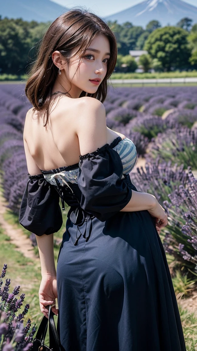 (masterpiece:1.3), 16k, high resolution, Very fine details, masterworks,(photorealistic, RAW photo, best quality:1.4), authentic texture, Texture of skin and clothing, light makeup, red lips, brown hair, beautiful hair, (medium hair:1.3),elegant, Very fine details, authentic texture, cinematic lighting realism, perfect work, exquisite features, (Detailed brown iris and black pupil),(Ultra-high resolution eye:1.1), Japanese idol, beautiful face, (gentle smile like a goddess), attractive, well-shaped breasts, beautiful cleavage, shiny skin, (dark blue off shoulder dirndl dress:1.3), (Traditional German Costume), break, bright big eyes, smooth skin, (Heart shaped necklace),(Triangle ornament earrings),BREAK, (gentle smile like a goddess), standing position, (lavender fields with Mt. Fuji in the background), (in Lavender Fields), (Lavender fields all around), shoot from below, (ground level shot), upper body, standing, legs, stretch legs, hip, from behind, (Booty pose)