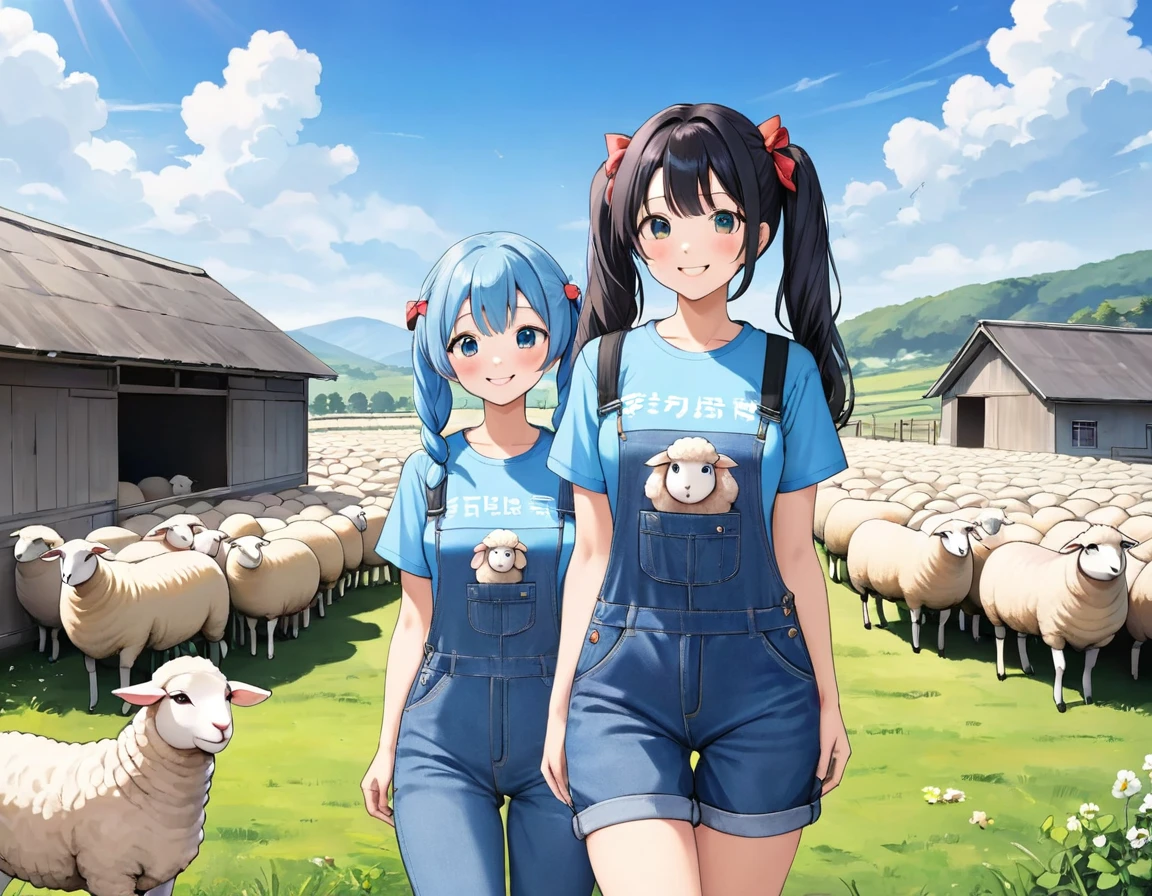 Light blue long hair、Beautiful girl with twin tails、T-shirt and denim jumpsuit、Bright smile、Sheep Farm、Lots of sheep、blue sky、Two dogs watching over the sheep