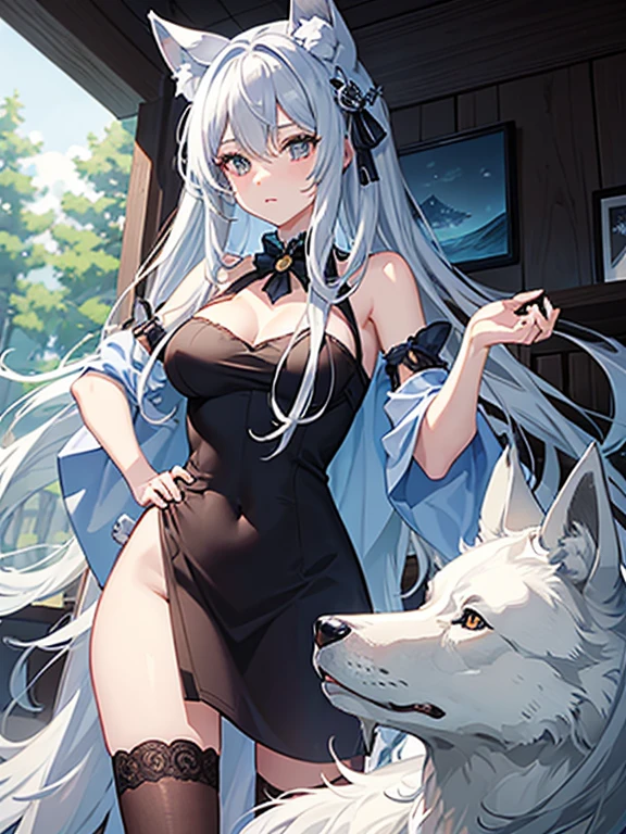 masterpiece, Highest quality, High resolution，Follow the on-screen instructions、Anime Style、A realistic composition、A scene from the anime、Follow the prompts、A girl and a wolf on the screen、Long silver hair、Chasing with wolves in the forest、The wolf runs ahead、A girl chases a wolf behind her、