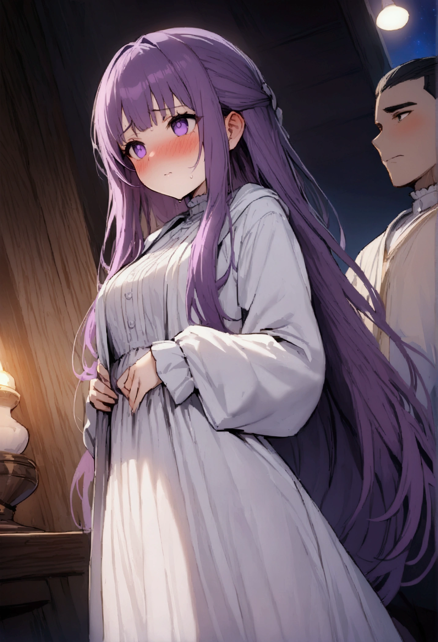 NSFW,masterpiece,Highest quality,High resolution,Super detailed,Fern\(Funeral of Frieren\),Purple eyes,Purple Hair,Long Hair,White Dress,Robe,Open clothes,Embarrassed,blush,expectant face,Inn at night,bedroom,(Young men),A man puts his hands on her waist and hugs her,Put your hands inside your clothes,Circling the body