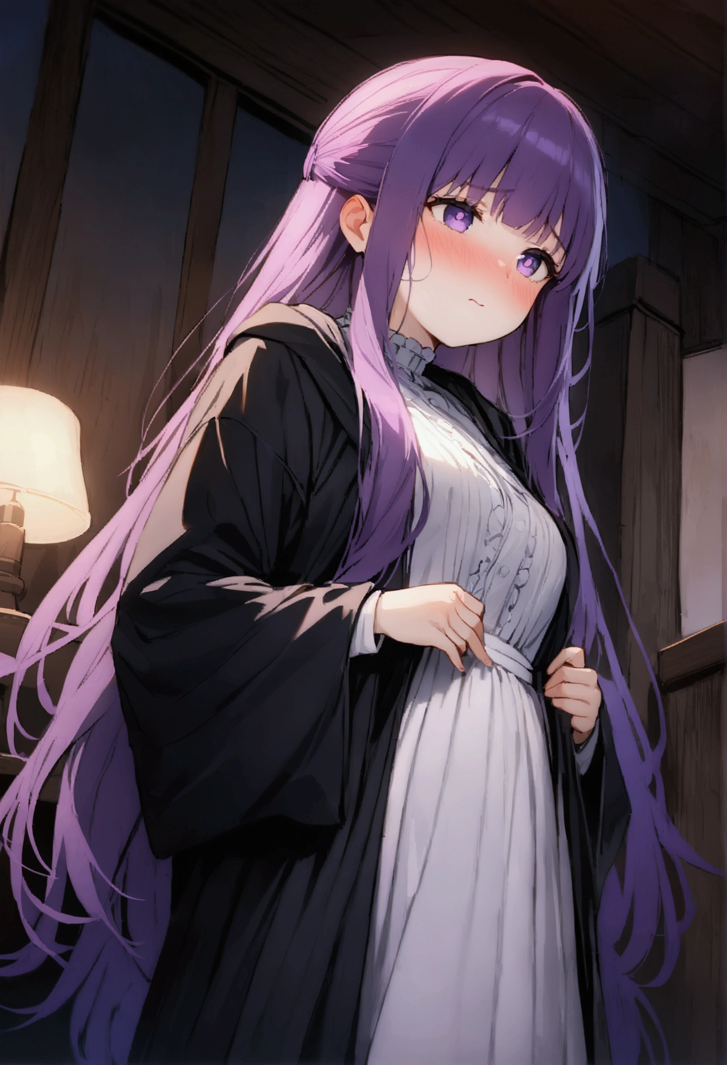 NSFW,masterpiece,Highest quality,High resolution,Super detailed,Fern\(Funeral of Frieren\),Purple eyes,Purple Hair,Long Hair,White Dress,Robe,Open clothes,Embarrassed,blush,expectant face,Inn at night,bedroom,(Young men),A man puts his hands on her waist and hugs her,Put your hands inside your clothes,Circling the body