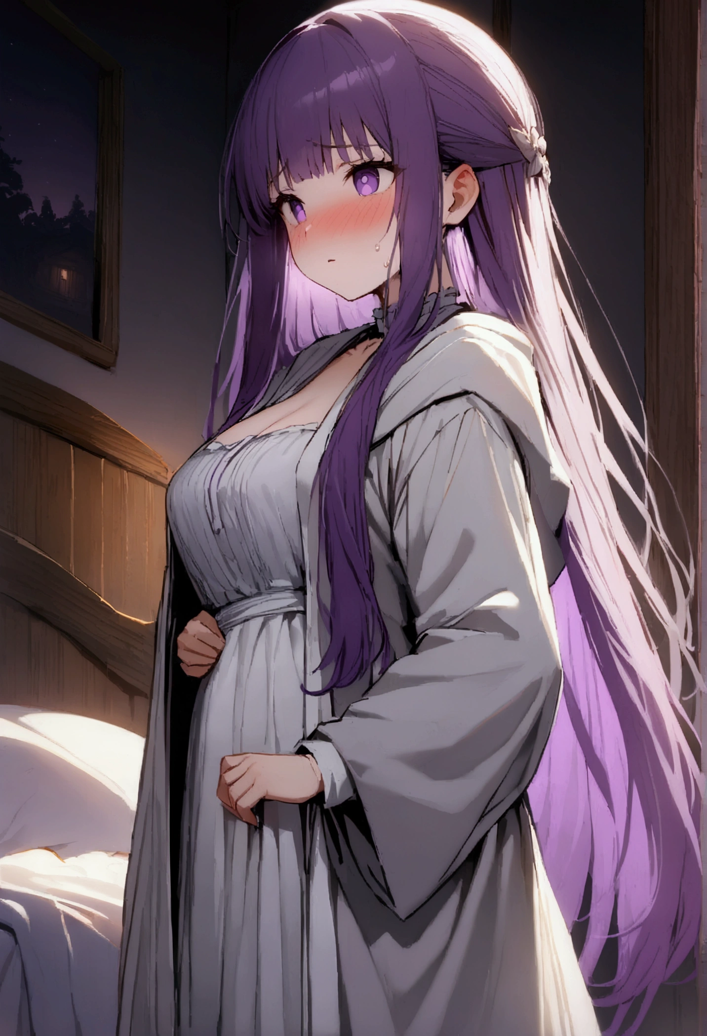 NSFW,masterpiece,Highest quality,High resolution,Super detailed,Fern\(Funeral of Frieren\),Purple eyes,Purple Hair,Long Hair,White Dress,Robe,Open clothes,Embarrassed,blush,expectant face,Inn at night,bedroom,(Young men),A man puts his hands on her waist and hugs her,Put your hands inside your clothes,Circling the body