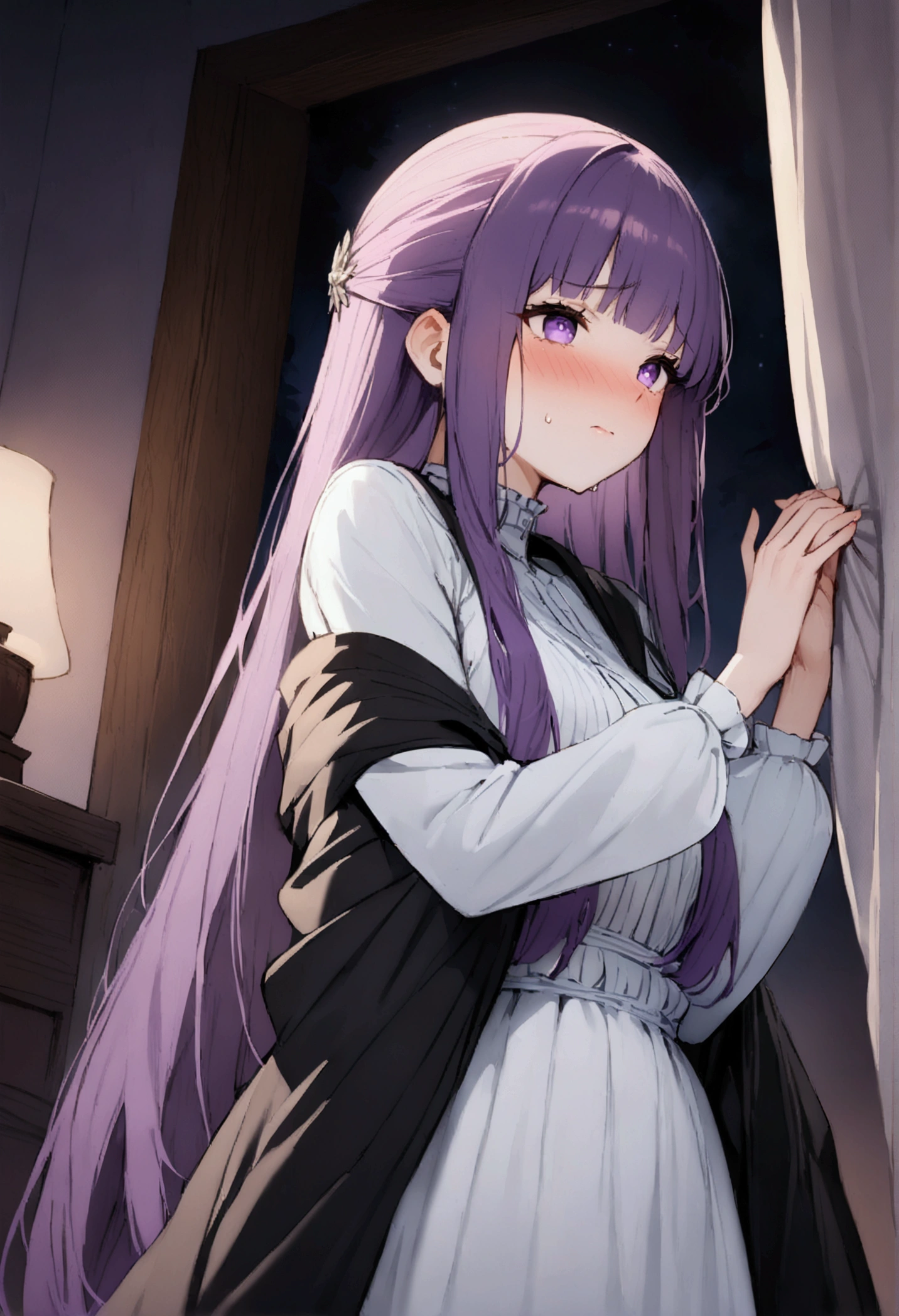 NSFW,masterpiece,Highest quality,High resolution,Super detailed,Fern\(Funeral of Frieren\),Purple eyes,Purple Hair,Long Hair,White Dress,Robe,Open clothes,Embarrassed,blush,expectant face,Inn at night,bedroom,(Young men),A man puts his hands on her waist and hugs her,Put your hands inside your clothes,Circling the body