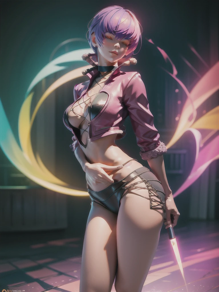 (night), in a video game scene with a neon background and a neon light, Standing at attention, pink suit, pink jacket, choker, neckline, clothing cut, earrings, purple hair, eyes completely covered by hair bangs ((hair over eyes)), 1 girl, 20 years old, Young woman, Beautiful finger, Beautiful long legs, Beautiful body, Beautiful nose, Beautiful character design, perfect face, looking at viewer (focusing on his face), mouth closed, Light_Smile, official art, extremely detailed CG unity 8k wallpaper, perfect lighting, colorful, bright front lighting, shiny skin, (masterpiece: 1.0), (best_quality: 1.0), ultra-high resolution, 4K, ultra-detailed, photography, 8K, HDR, high resolution, absurdities:1.2, Kodak portra 400, film grain, blurred background, bokeh:1.2, lens flare, (vibrant_color:1.2), professional photography, (Beautiful, breasts: 1.4), (beautiful_face: 1.5), (narrow_waist),
