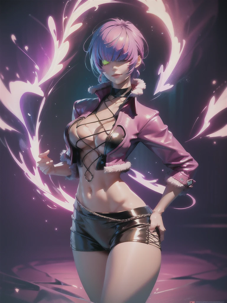 (night), in a video game scene with a neon background and a neon light, Standing at attention, pink suit, pink jacket, choker, neckline, clothing cut, earrings, purple hair, eyes completely covered by hair bangs ((hair over eyes)), 1 girl, 20 years old, Young woman, Beautiful finger, Beautiful long legs, Beautiful body, Beautiful nose, Beautiful character design, perfect face, looking at viewer (focusing on his face), mouth closed, Light_Smile, official art, extremely detailed CG unity 8k wallpaper, perfect lighting, colorful, bright front lighting, shiny skin, (masterpiece: 1.0), (best_quality: 1.0), ultra-high resolution, 4K, ultra-detailed, photography, 8K, HDR, high resolution, absurdities:1.2, Kodak portra 400, film grain, blurred background, bokeh:1.2, lens flare, (vibrant_color:1.2), professional photography, (Beautiful, breasts: 1.4), (beautiful_face: 1.5), (narrow_waist),
