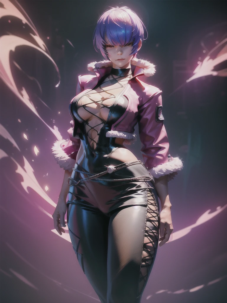 (night), in a video game scene with a neon background and a neon light, Standing at attention, pink suit, pink jacket, choker, neckline, clothing cut, earrings, purple hair, eyes completely covered by hair bangs ((hair over eyes)), 1 girl, 20 years old, Young woman, Beautiful finger, Beautiful long legs, Beautiful body, Beautiful nose, Beautiful character design, perfect face, looking at viewer (focusing on his face), mouth closed, Light_Smile, official art, extremely detailed CG unity 8k wallpaper, perfect lighting, colorful, bright front lighting, shiny skin, (masterpiece: 1.0), (best_quality: 1.0), ultra-high resolution, 4K, ultra-detailed, photography, 8K, HDR, high resolution, absurdities:1.2, Kodak portra 400, film grain, blurred background, bokeh:1.2, lens flare, (vibrant_color:1.2), professional photography, (Beautiful, breasts: 1.4), (beautiful_face: 1.5), (narrow_waist),
