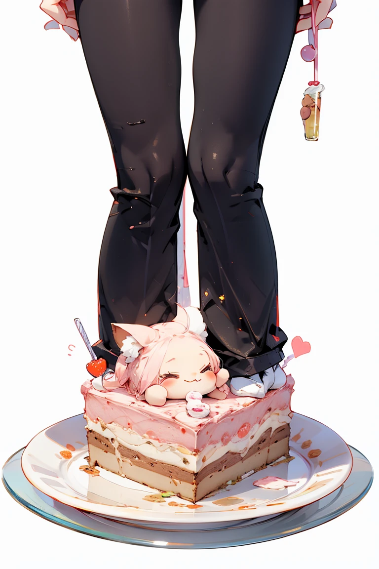 Design an adorable scene featuring a chibi anime girl happy. The artwork focuses solely on the character ych, make the girl small and the dessert cake donut or drink bigger than her, she needs to be full body, without a detailed background.
