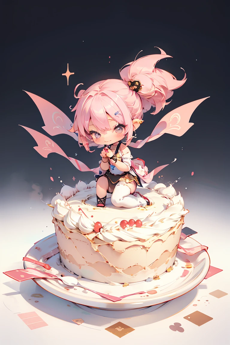 Design an adorable scene featuring a chibi anime girl happy. The artwork focuses solely on the character ych, make the girl small and the dessert cake donut or drink bigger than her, she needs to be full body, without a detailed background.
