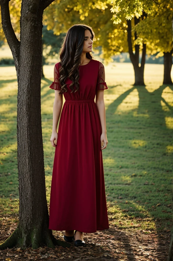 Create a woman with a long wavy hair standing near a tree wearing silhoutte red simple dress