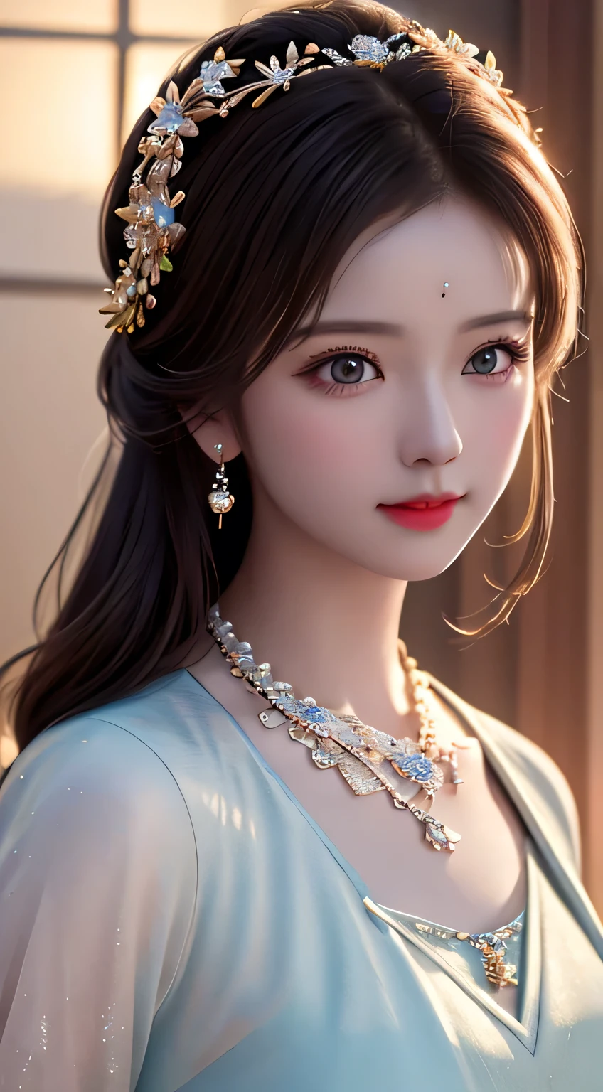 Best Quality, Masterpiece, High Resolution, 1 Girl, Porcelain Dress, Hair Accessories, Necklace, Jewelry, Beautiful Face, Physics, Tyndall Effect, Realistic, Dark Studio, Rim Lighting, Duotone Lighting, (High Detail Skin: 1.2), 8k uhd, DSLR, soft light, high quality, volumetric light, candid, photo, high resolution, 4k, 8k, bokeh