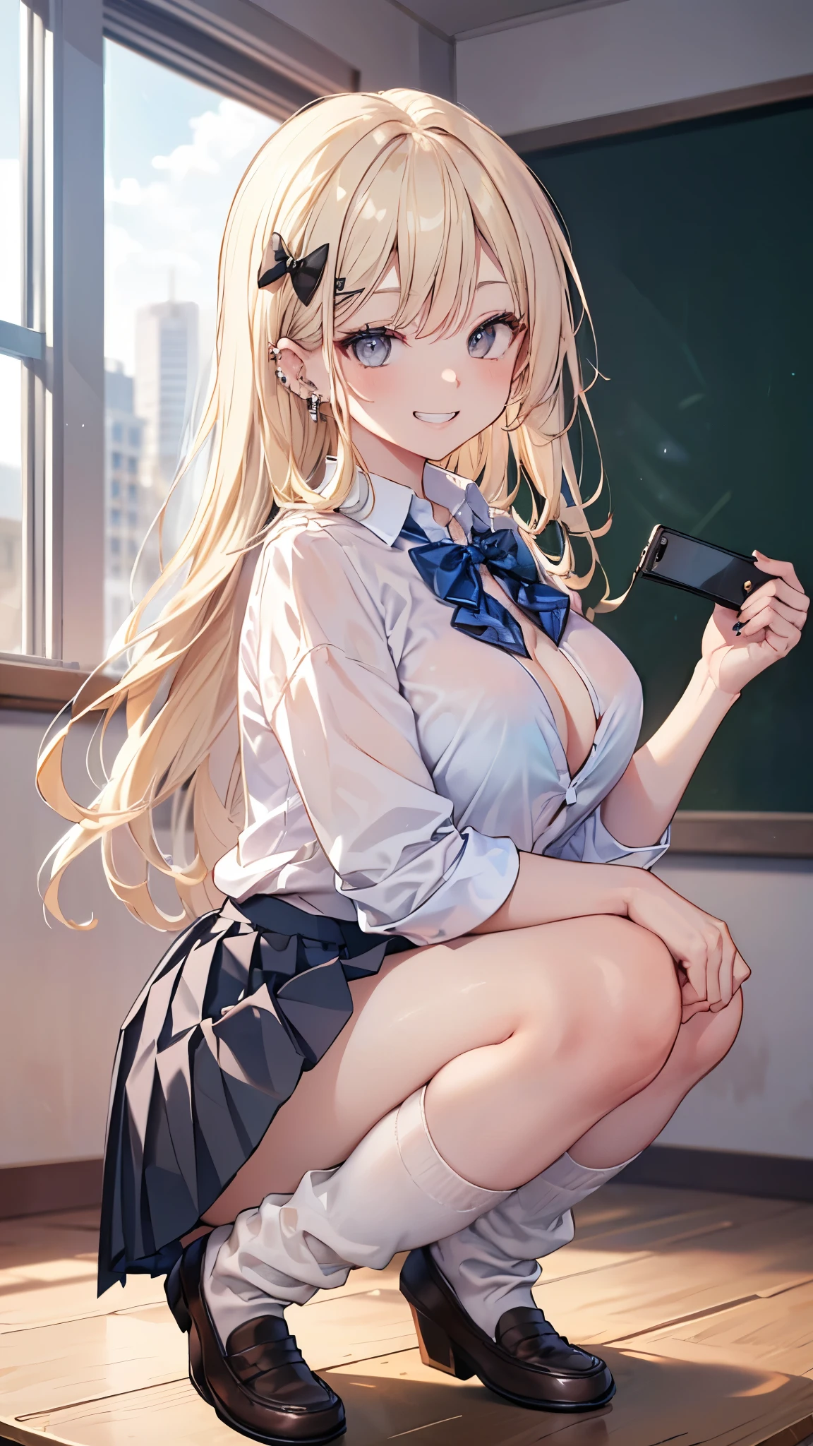 (masterpiece、Highest quality、Very detailed))、One girl、gyaru、Blonde、Long Hair、straight hair、Grey Eyes、evil smile、((Grin))、((lots of piercing))、Large Breasts、((White collared shirt))、((A bow tie))、((Black pleated skirt))、((white buggysocks))、loafers、squatting、Take a picture from the side、Classroom Background