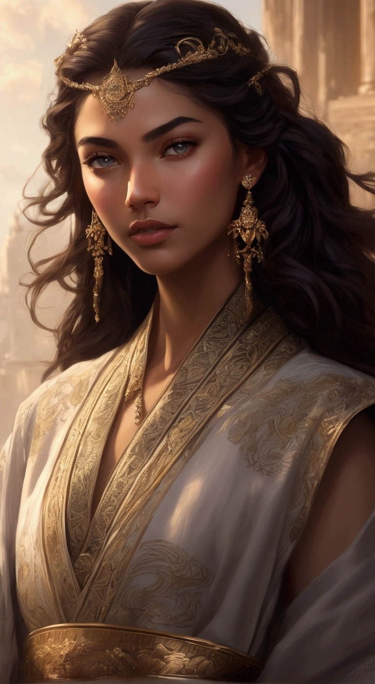 Couple, a man, a woman, embracing, the woman with her hand on his body and he with his hand on her body, absurdly detailed, ultra-detailed, high quality, masterpiece, detailed face, beautiful eyes (detailed eyes), gray eyes, goddess woman, woman with light brown, wavy hair, striking and captivating, classic beauty features, with high cheekbones, a face with perfect proportions, eyes depicted as large and captivating, maintaining an intense gaze, light brown hair, hair is lush and flowing, cascading down her back in waves, wearing elegant robes adorned with intricate patterns, her beauty is not just superficial, but embodies the essence of power, authority, and royalty. She also has various symbols tattooed on her arms. Their robes feature night colors, Night Court. The man has dark, short hair, he has a tanned body, beautiful, ripped, defined, strong, only the man has large, dark, beautiful wings, striking and captivating, classic beauty features, with high cheekbones, a face with perfect proportions, eyes depicted as large and captivating, maintaining an intense gaze, he has black hair, hair is lush and masculine, virile, wearing elegant robes adorned with intricate patterns, his beauty is not just superficial, but embodies the essence of power, authority, and royalty. Their robes feature night colors, Night Court.